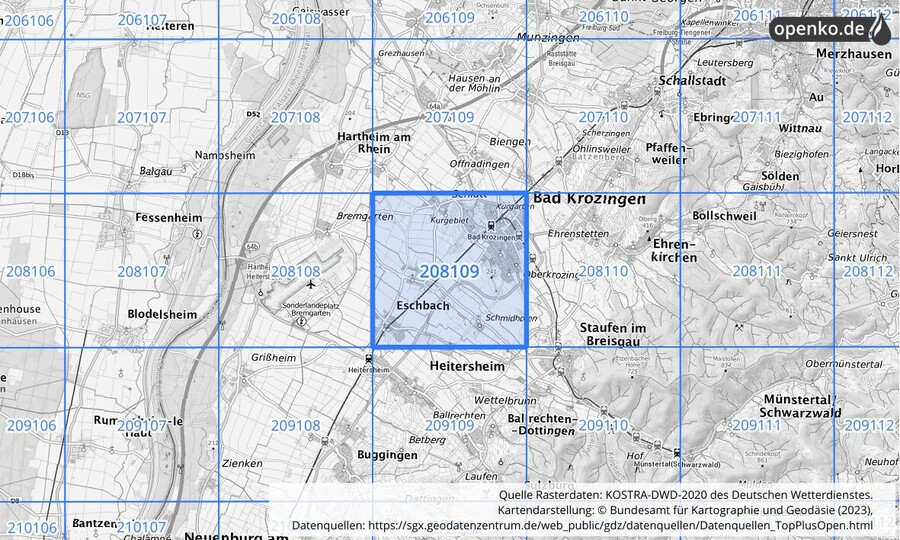 Übersichtskarte des KOSTRA-DWD-2020-Rasterfeldes Nr. 208109