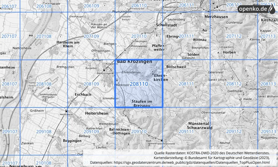 Übersichtskarte des KOSTRA-DWD-2020-Rasterfeldes Nr. 208110