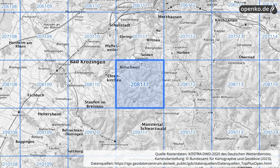 Übersichtskarte des KOSTRA-DWD-2020-Rasterfeldes Nr. 208111