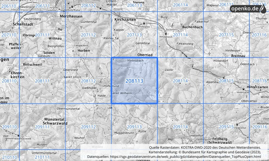 Übersichtskarte des KOSTRA-DWD-2020-Rasterfeldes Nr. 208113