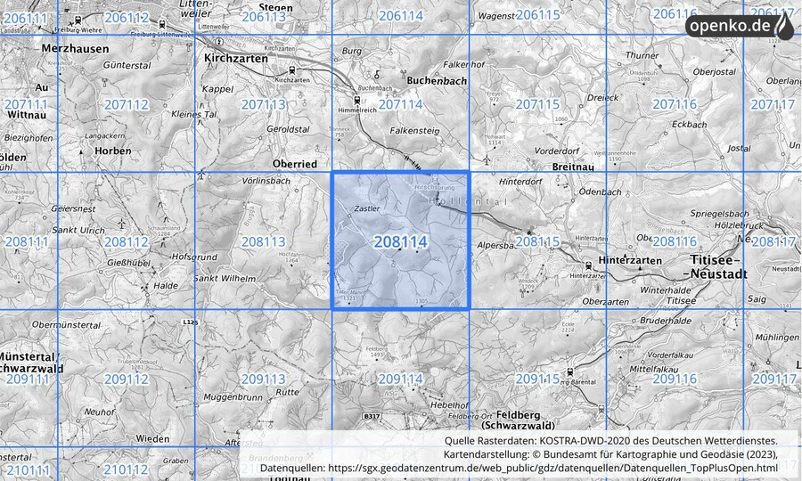 Übersichtskarte des KOSTRA-DWD-2020-Rasterfeldes Nr. 208114