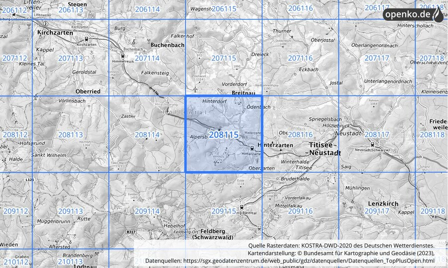 Übersichtskarte des KOSTRA-DWD-2020-Rasterfeldes Nr. 208115