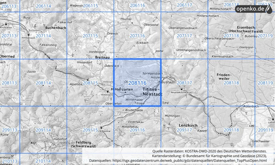 Übersichtskarte des KOSTRA-DWD-2020-Rasterfeldes Nr. 208116