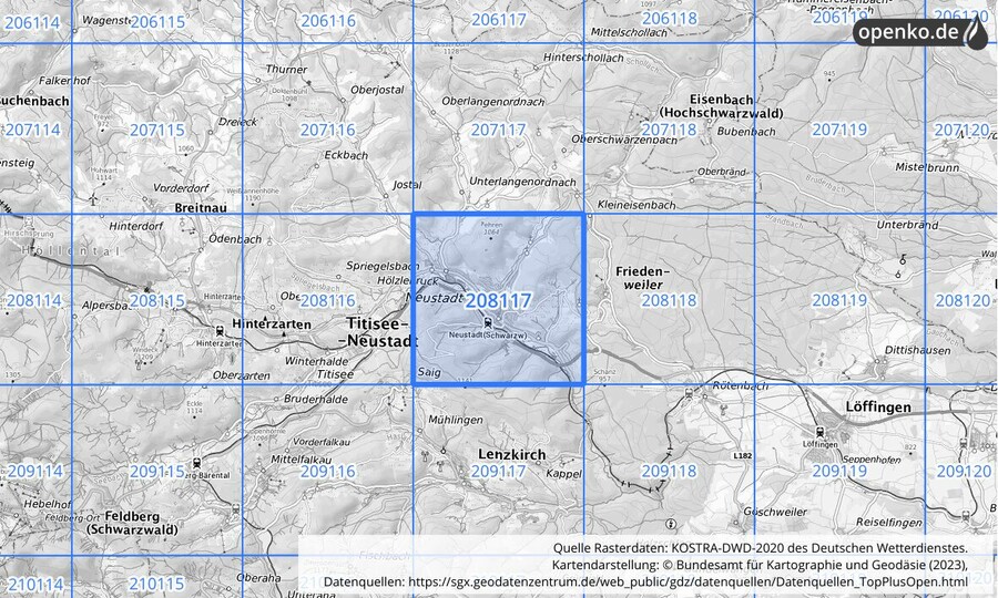 Übersichtskarte des KOSTRA-DWD-2020-Rasterfeldes Nr. 208117
