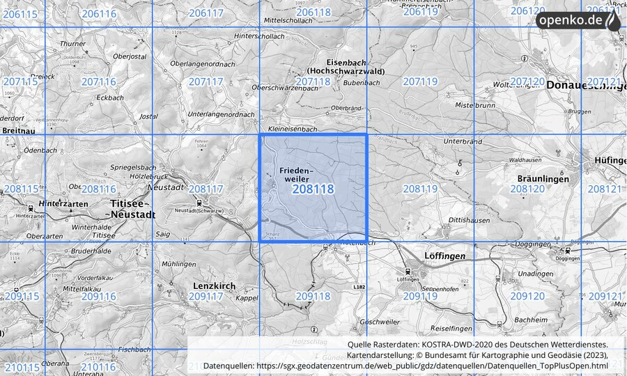 Übersichtskarte des KOSTRA-DWD-2020-Rasterfeldes Nr. 208118