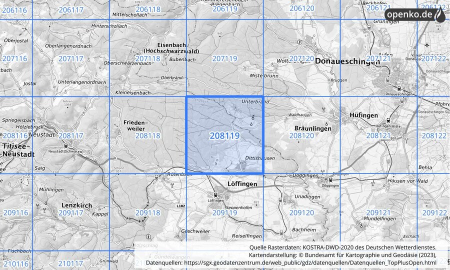 Übersichtskarte des KOSTRA-DWD-2020-Rasterfeldes Nr. 208119