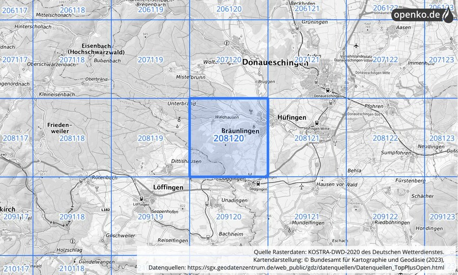 Übersichtskarte des KOSTRA-DWD-2020-Rasterfeldes Nr. 208120