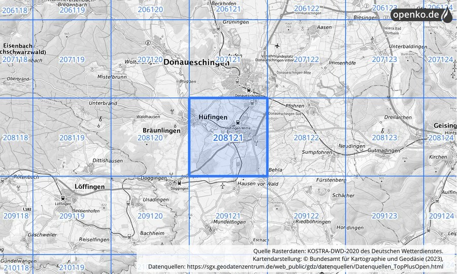 Übersichtskarte des KOSTRA-DWD-2020-Rasterfeldes Nr. 208121
