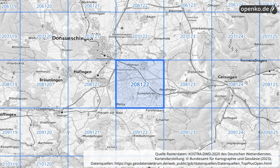 Übersichtskarte des KOSTRA-DWD-2020-Rasterfeldes Nr. 208122