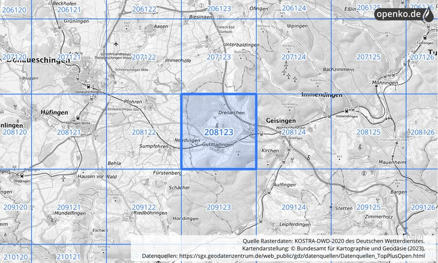 Übersichtskarte des KOSTRA-DWD-2020-Rasterfeldes Nr. 208123