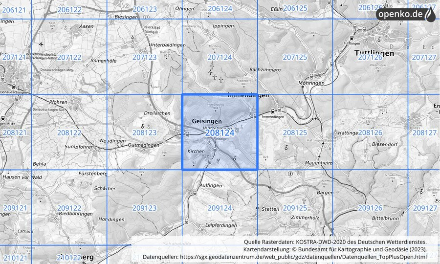 Übersichtskarte des KOSTRA-DWD-2020-Rasterfeldes Nr. 208124