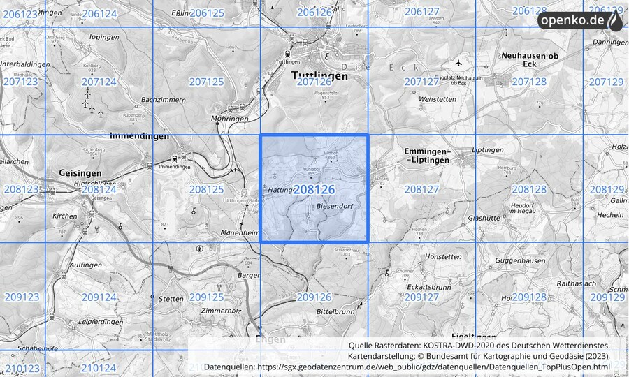 Übersichtskarte des KOSTRA-DWD-2020-Rasterfeldes Nr. 208126