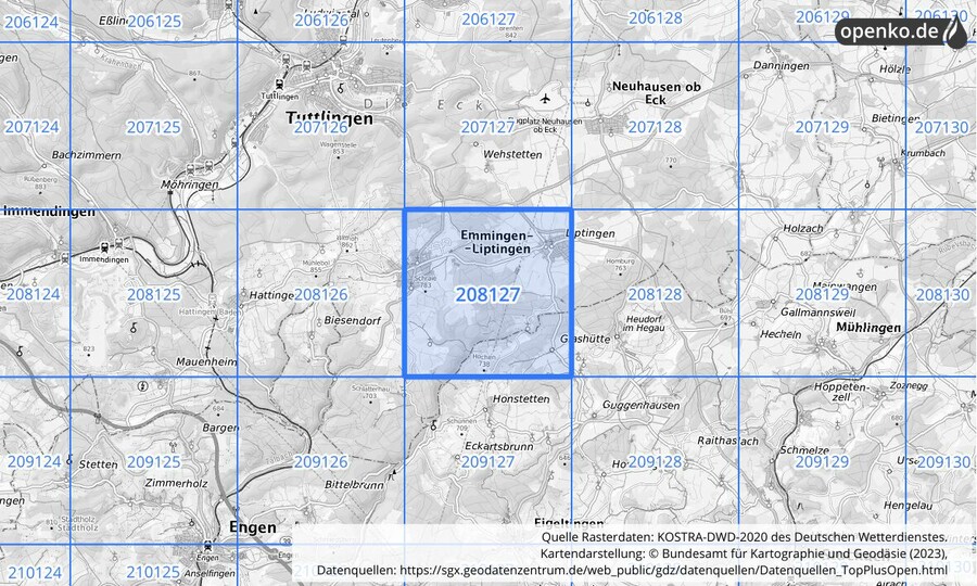 Übersichtskarte des KOSTRA-DWD-2020-Rasterfeldes Nr. 208127