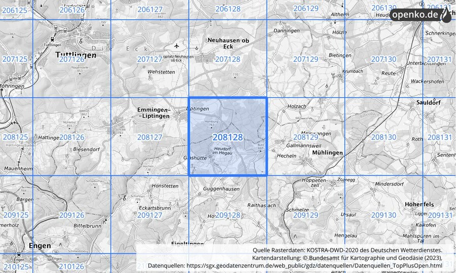 Übersichtskarte des KOSTRA-DWD-2020-Rasterfeldes Nr. 208128