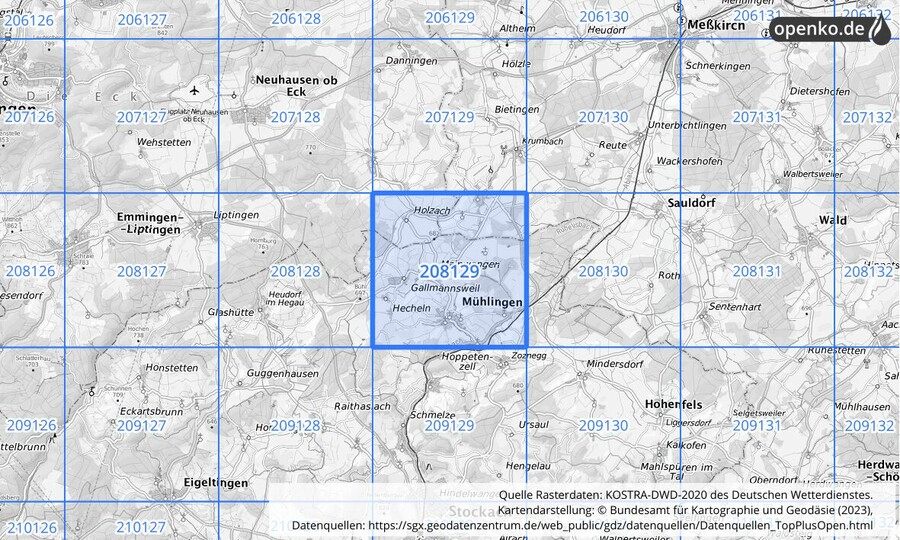 Übersichtskarte des KOSTRA-DWD-2020-Rasterfeldes Nr. 208129