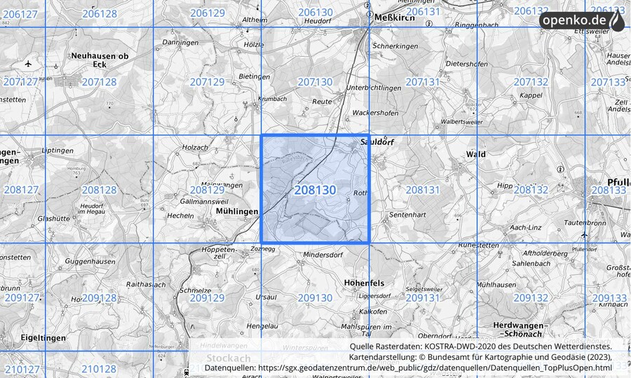 Übersichtskarte des KOSTRA-DWD-2020-Rasterfeldes Nr. 208130