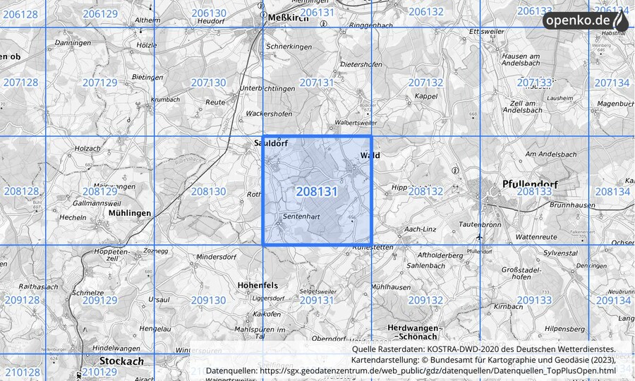 Übersichtskarte des KOSTRA-DWD-2020-Rasterfeldes Nr. 208131