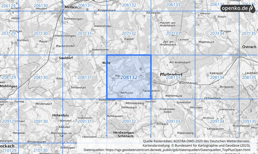 Übersichtskarte des KOSTRA-DWD-2020-Rasterfeldes Nr. 208132