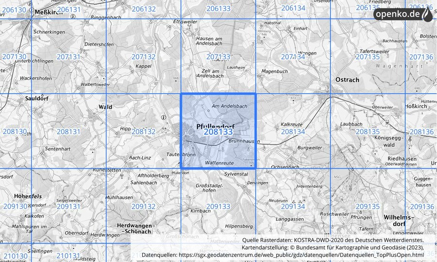 Übersichtskarte des KOSTRA-DWD-2020-Rasterfeldes Nr. 208133