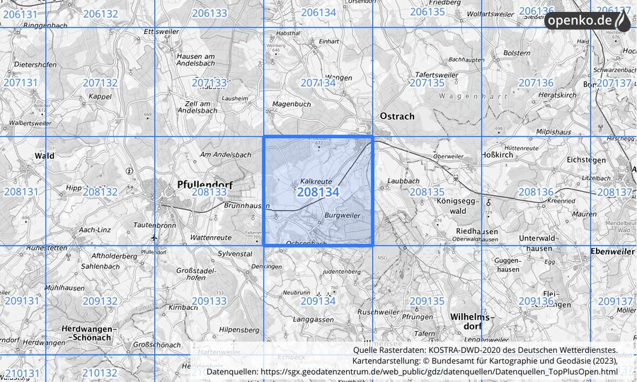 Übersichtskarte des KOSTRA-DWD-2020-Rasterfeldes Nr. 208134