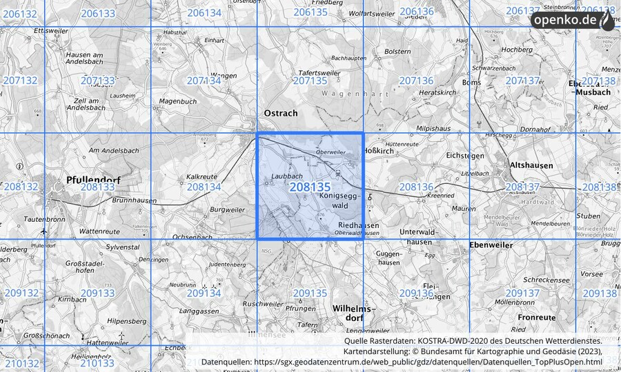 Übersichtskarte des KOSTRA-DWD-2020-Rasterfeldes Nr. 208135