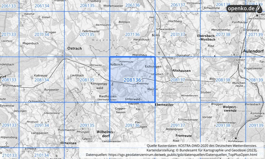 Übersichtskarte des KOSTRA-DWD-2020-Rasterfeldes Nr. 208136