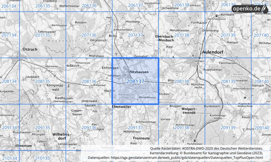 Übersichtskarte des KOSTRA-DWD-2020-Rasterfeldes Nr. 208137