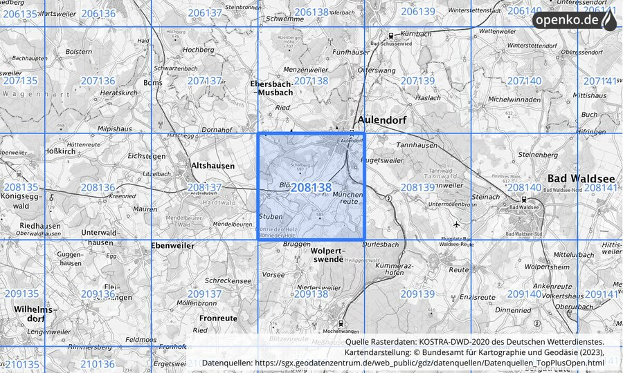 Übersichtskarte des KOSTRA-DWD-2020-Rasterfeldes Nr. 208138