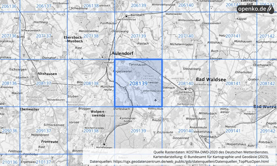 Übersichtskarte des KOSTRA-DWD-2020-Rasterfeldes Nr. 208139