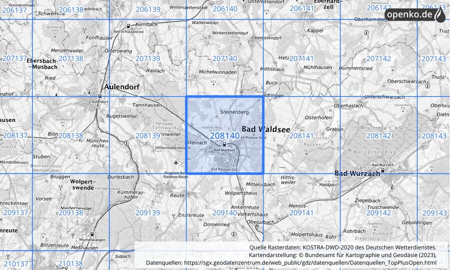 Übersichtskarte des KOSTRA-DWD-2020-Rasterfeldes Nr. 208140