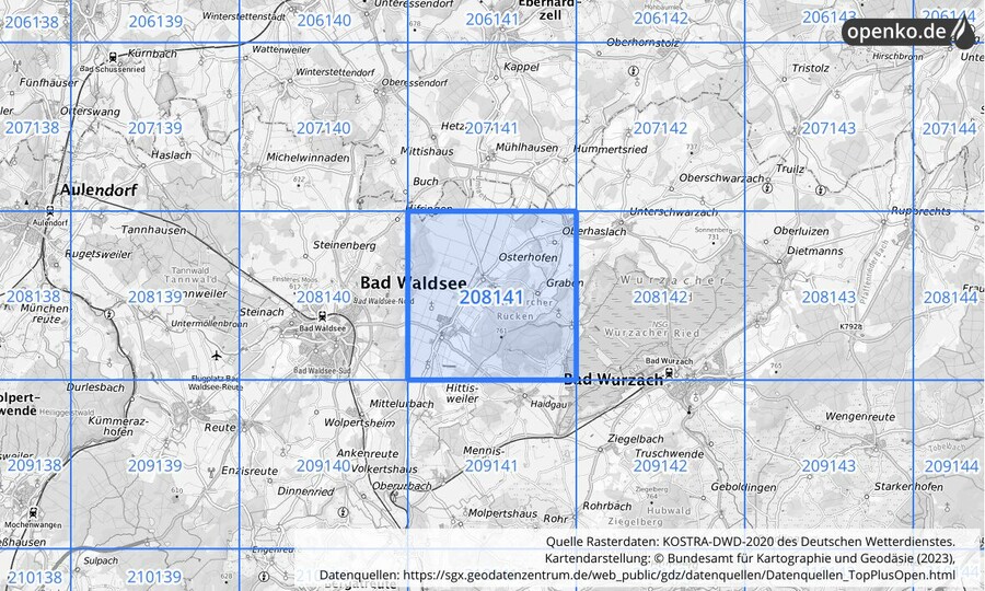 Übersichtskarte des KOSTRA-DWD-2020-Rasterfeldes Nr. 208141