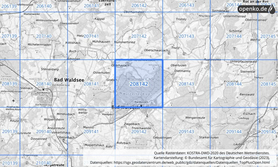 Übersichtskarte des KOSTRA-DWD-2020-Rasterfeldes Nr. 208142