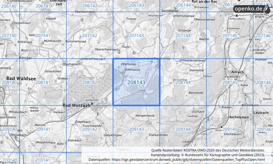 Übersichtskarte des KOSTRA-DWD-2020-Rasterfeldes Nr. 208143