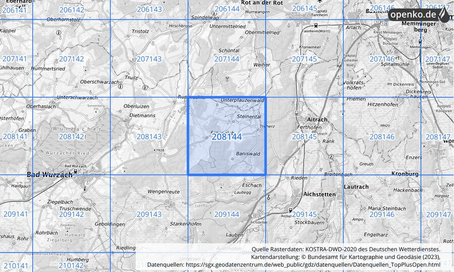 Übersichtskarte des KOSTRA-DWD-2020-Rasterfeldes Nr. 208144