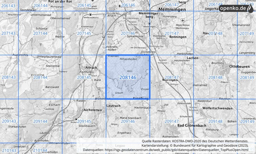 Übersichtskarte des KOSTRA-DWD-2020-Rasterfeldes Nr. 208146