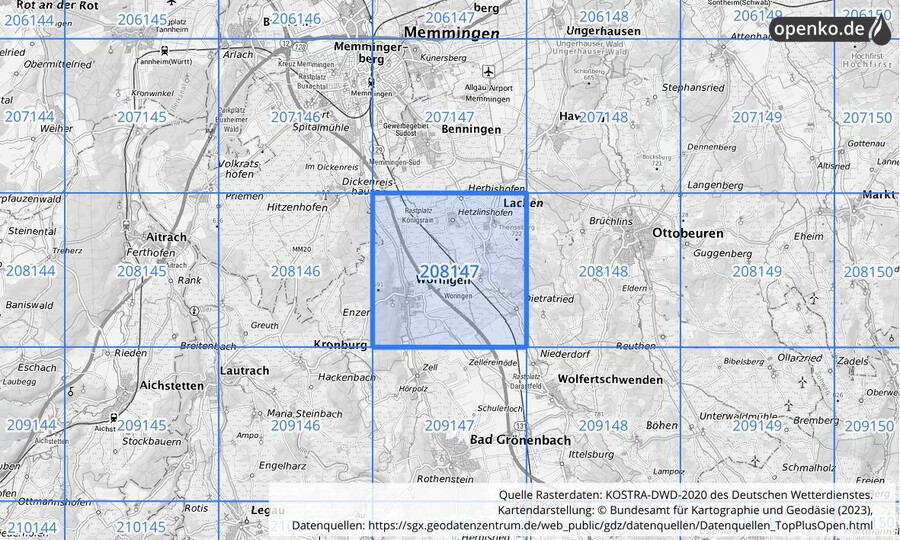 Übersichtskarte des KOSTRA-DWD-2020-Rasterfeldes Nr. 208147