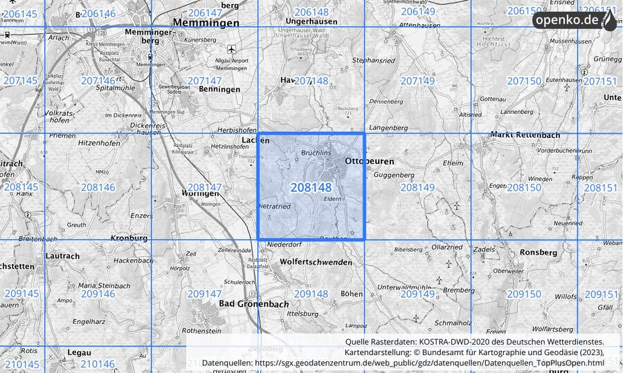 Übersichtskarte des KOSTRA-DWD-2020-Rasterfeldes Nr. 208148