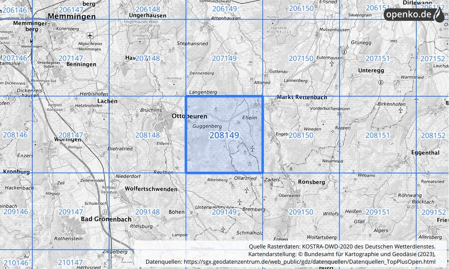 Übersichtskarte des KOSTRA-DWD-2020-Rasterfeldes Nr. 208149