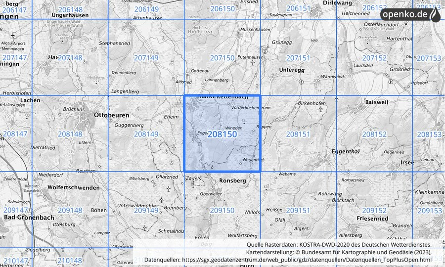 Übersichtskarte des KOSTRA-DWD-2020-Rasterfeldes Nr. 208150