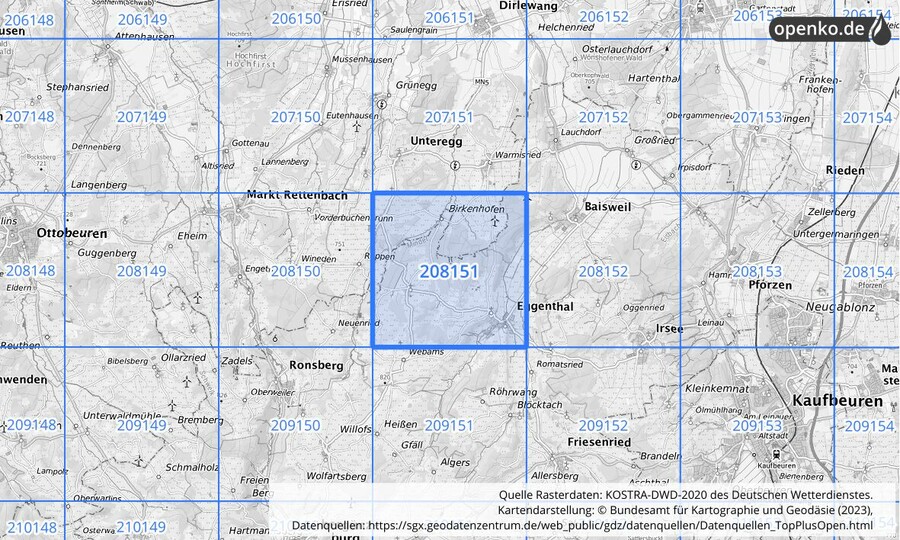 Übersichtskarte des KOSTRA-DWD-2020-Rasterfeldes Nr. 208151
