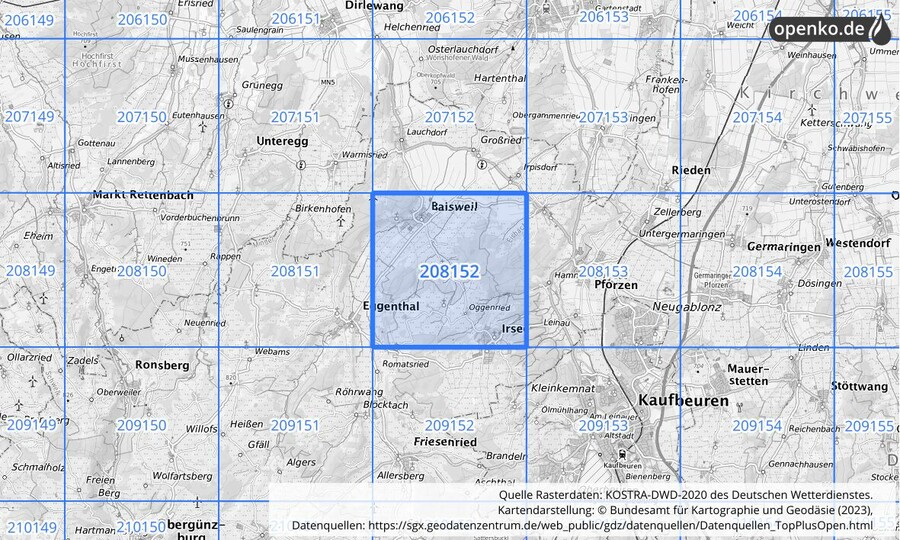Übersichtskarte des KOSTRA-DWD-2020-Rasterfeldes Nr. 208152