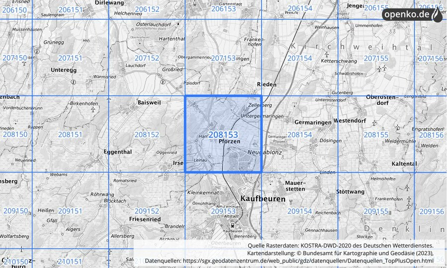 Übersichtskarte des KOSTRA-DWD-2020-Rasterfeldes Nr. 208153