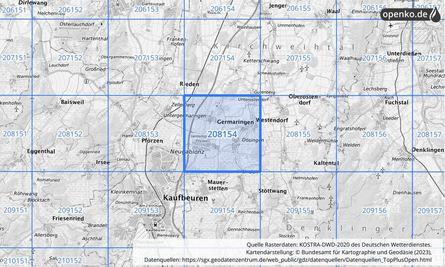 Übersichtskarte des KOSTRA-DWD-2020-Rasterfeldes Nr. 208154