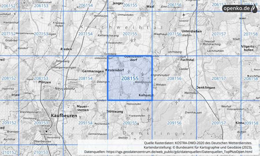 Übersichtskarte des KOSTRA-DWD-2020-Rasterfeldes Nr. 208155