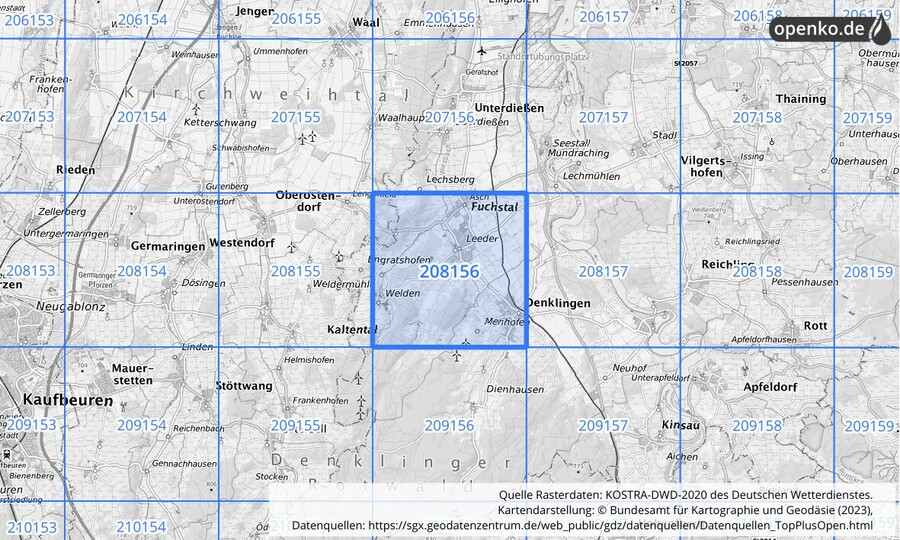 Übersichtskarte des KOSTRA-DWD-2020-Rasterfeldes Nr. 208156