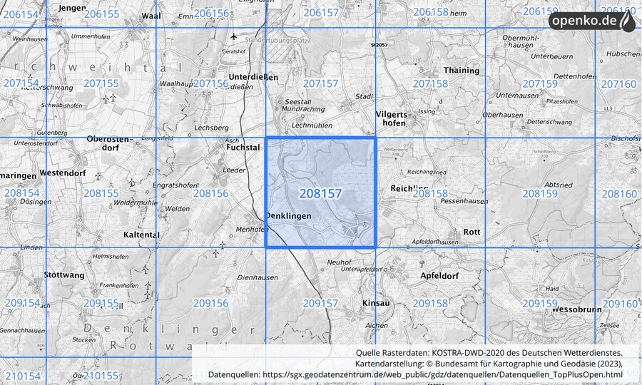Übersichtskarte des KOSTRA-DWD-2020-Rasterfeldes Nr. 208157