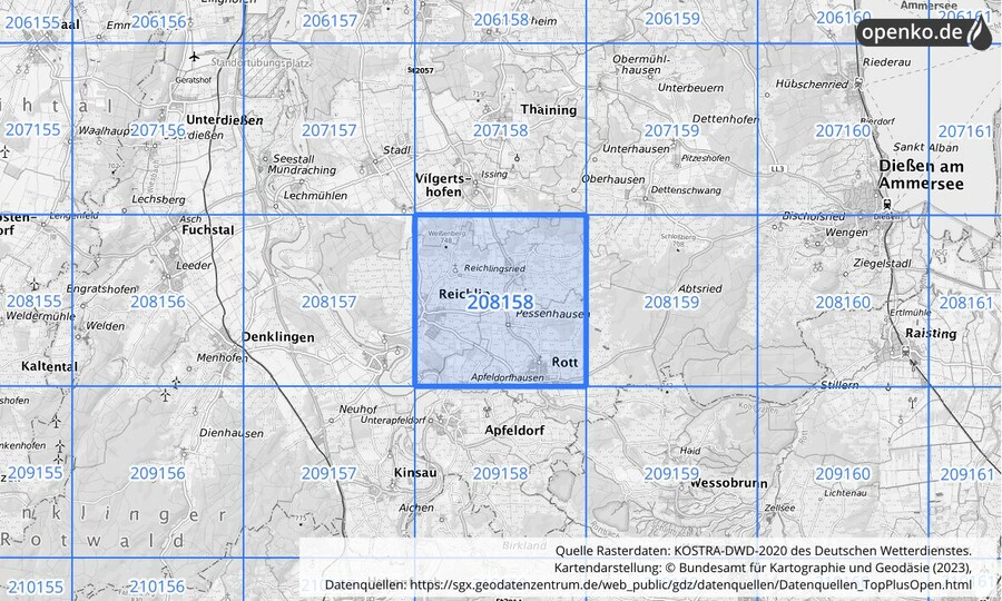 Übersichtskarte des KOSTRA-DWD-2020-Rasterfeldes Nr. 208158