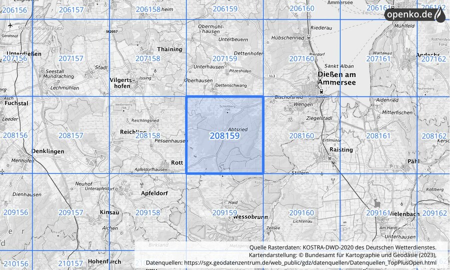 Übersichtskarte des KOSTRA-DWD-2020-Rasterfeldes Nr. 208159