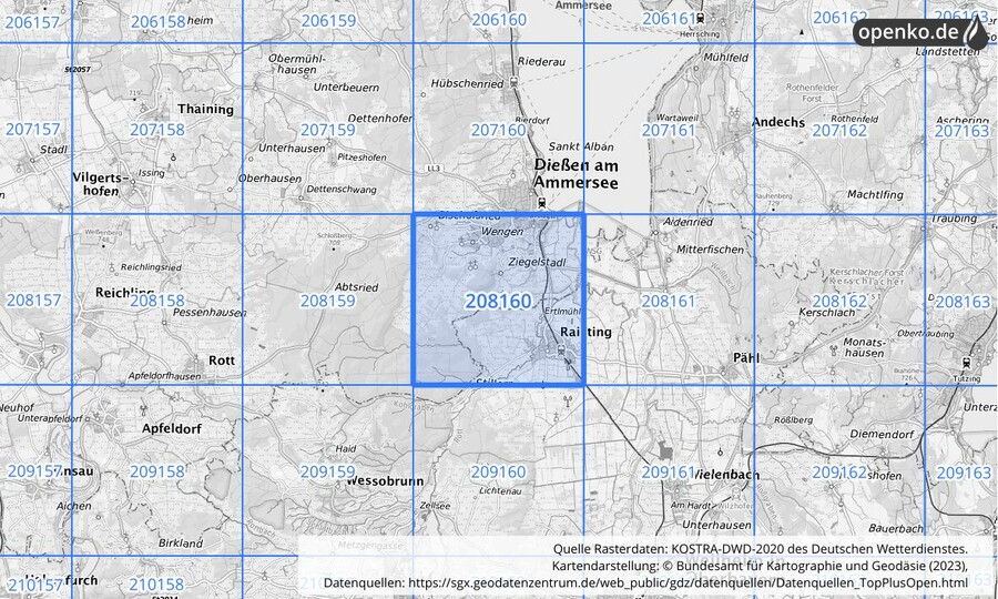 Übersichtskarte des KOSTRA-DWD-2020-Rasterfeldes Nr. 208160