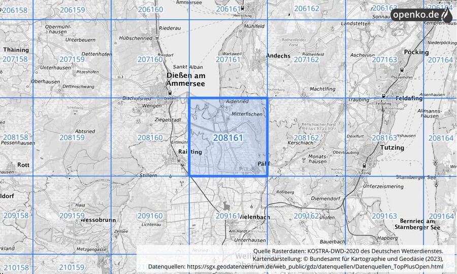 Übersichtskarte des KOSTRA-DWD-2020-Rasterfeldes Nr. 208161